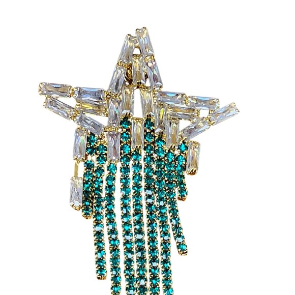 Crystal Starburst Dangle Earrings Green Rhinestones Fringe Design - Picture 5 of 9